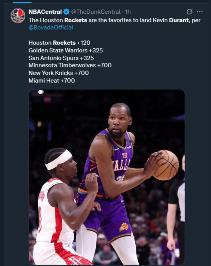 難道說？美媒曬杜蘭特下家賠率，火箭大幅度領(lǐng)跑！
